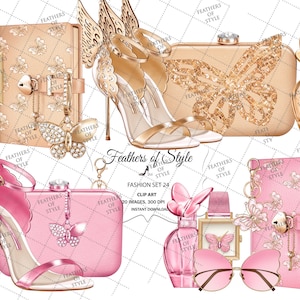 Accessori moda clipart, Illustrazione di moda, Clipart di moda, Clipart set di moda, Clipart di borse, Clipart di scarpe, Clipart di pianificazione rosa