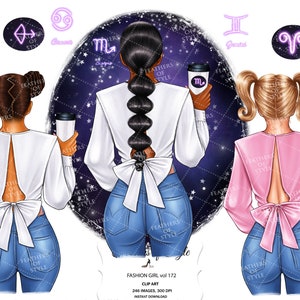 Horoscope girl clipart, Zodiac girl clipart, Fashion girl clipart, Denim girl clipart, African American clipart, Afro girls clipart