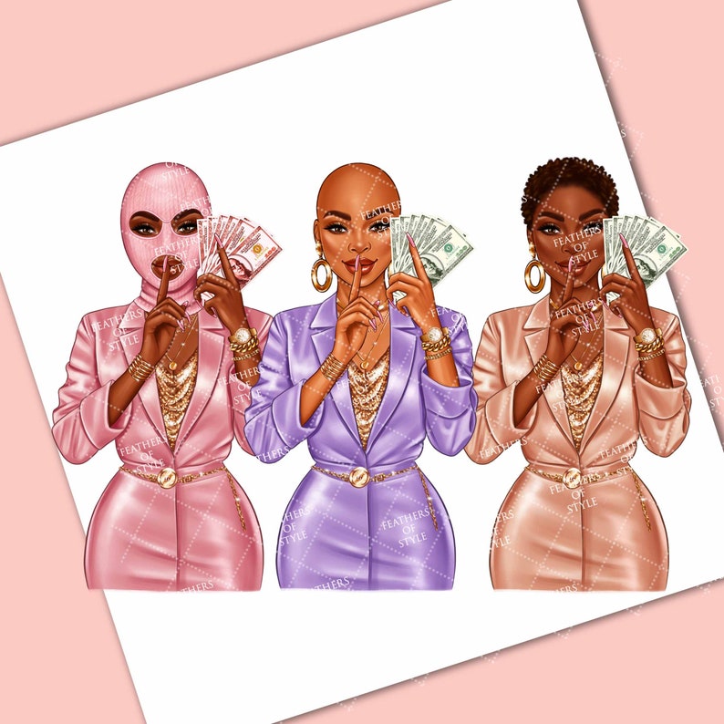 May include: Three women in suits, each with a different hairstyle and skin tone, are holding stacks of money in front of their faces. The woman on the left is wearing a pink suit and a black ski mask. The woman in the middle is wearing a purple suit and has a bald head. The woman on the right is wearing a peach suit and has short, curly hair. All three women are wearing gold jewellery and have their index fingers to their lips.