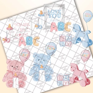 May include: A collection of baby-themed illustrations featuring a blue and pink teddy bear, a rocking horse, a set of alphabet blocks, a baby bottle, and balloons with the words "Welcome Baby".