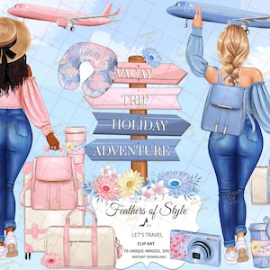 Voyage fille clipart, clipart voyage, clipart mode, clipart valise, clipart afro-américain, clipart bagage, clipart fille Afro