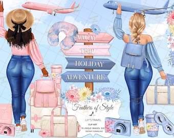 Travel girl clipart, Travel clipart, Fashion clipart, Suitcase clipart, African American clipart, Luggage clipart, Afro girl clipart