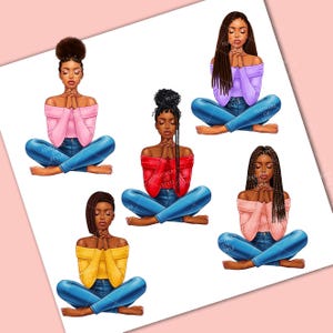 May include: Five digital illustrations of women with different hairstyles and clothing, sitting in a yoga pose with their hands clasped in prayer. The women are wearing jeans and sweaters in various colors, including pink, red, yellow, purple, and peach.