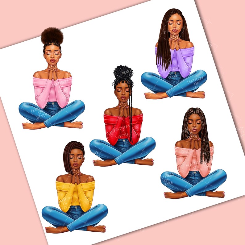 May include: Five digital illustrations of women with different hairstyles and clothing, sitting in a yoga pose with their hands clasped in prayer. The women are wearing jeans and sweaters in various colors, including pink, red, yellow, purple, and peach.