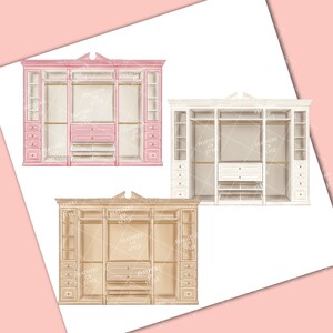 May include: Three illustrations of different closet designs. The first closet is pink with a white trim. The second closet is white with a gold trim. The third closet is beige with a gold trim. Each closet has shelves, drawers, and hanging rods.