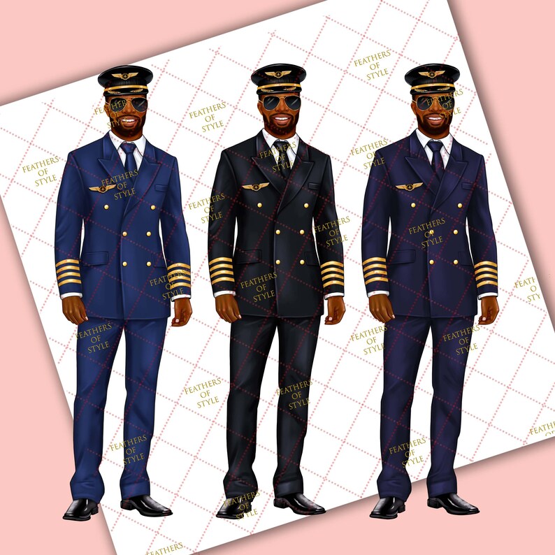 May include: Three illustrations of a pilot wearing a uniform with a black, navy blue, and dark grey suit. Each pilot is wearing a gold pilot's hat with a gold badge and sunglasses.