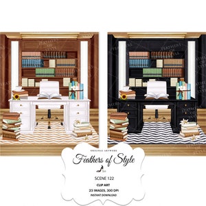 May include: Two digital illustrations of a home office scene. The first scene features a white desk with a brown wood floor and a brown bookcase. The second scene features a black desk with a black and white patterned rug and a black bookcase. Both scenes feature a desk chair, books, and a vase of flowers.