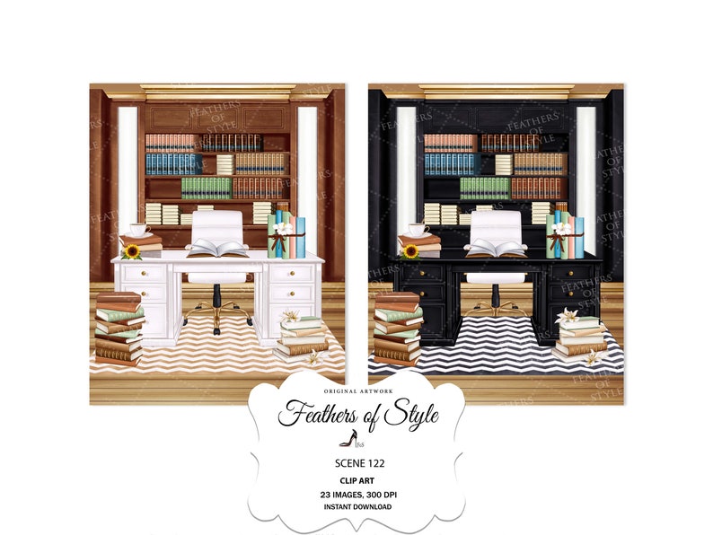 May include: Two digital illustrations of a home office scene. The first scene features a white desk with a brown wood floor and a brown bookcase. The second scene features a black desk with a black and white patterned rug and a black bookcase. Both scenes feature a desk chair, books, and a vase of flowers.