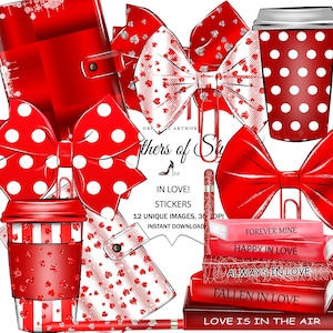May include: A set of red and white Valentine's Day themed stickers featuring bows, coffee cups, a planner, and a pencil. The stickers have a glittery finish and include the text "In Love! Stickers".