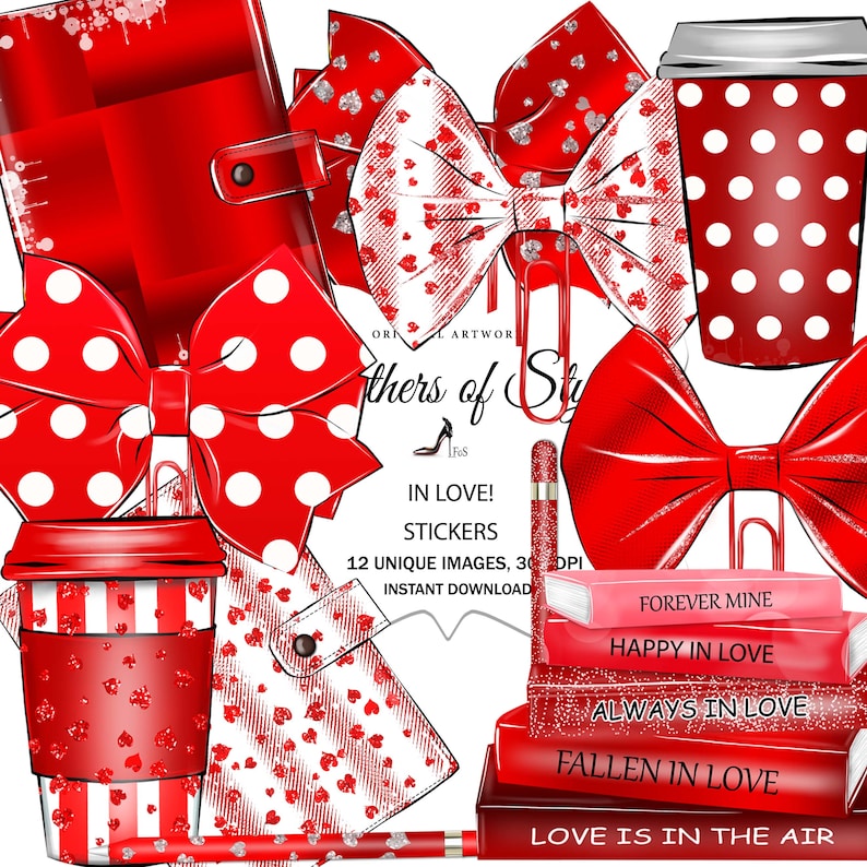 May include: A set of red and white Valentine's Day themed stickers featuring bows, coffee cups, a planner, and a pencil. The stickers have a glittery finish and include the text "In Love! Stickers".