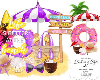 Summer fashion accessories clipart, Summer fashion clipart, Summer clipart, Fashion Illustration, Bag clipart, Shoe clipart, planner clipart