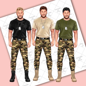Op de afbeelding: Drie illustraties van een persoon die een zwart, beige en olijfgroen t-shirt, een camouflagebroek en gevechtslaarzen draagt. Elke persoon heeft een halsketting met hondenpenning. De tekst "FEATHERS OF STYLE" herhaalt zich.