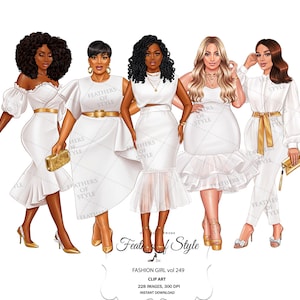 May include: Four women in white dresses with gold accents. The women are standing in a row and smiling. The background is white.