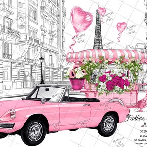 Fundo de Paris, ilustração de Paris, cena de Sprin, clipart de flores, cena de passeio