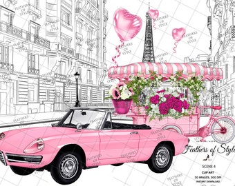 Paris background, Paris illustration, Sprin scene, Flower clipart, Promenade Scene