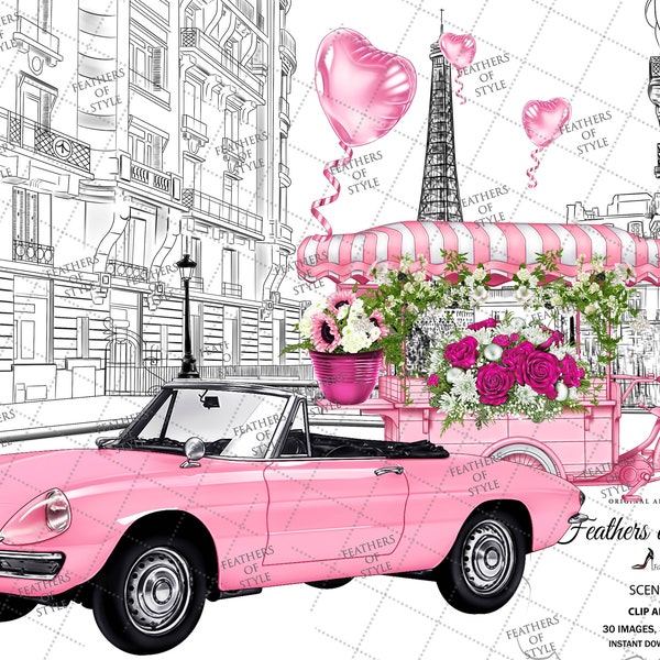 Paris background, Paris illustration, Sprin scene, Flower clipart, Promenade Scene