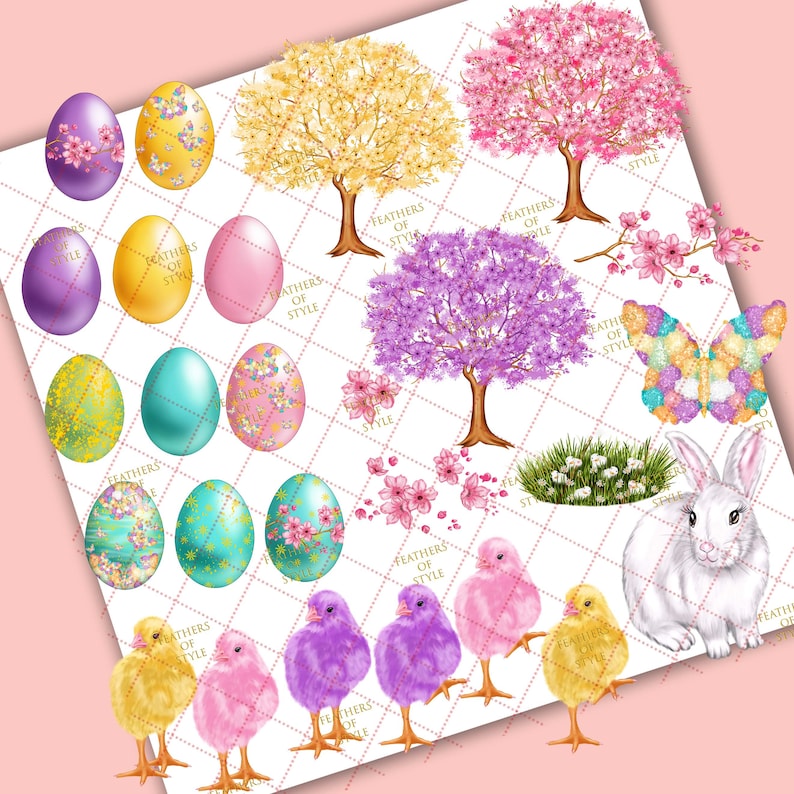 May include: A set of digital clipart images featuring Easter-themed elements, including colorful eggs, chicks, a bunny, butterflies, and trees with pink and purple blossoms. The images are perfect for crafting, scrapbooking, and digital design projects.