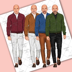 May include: Four men wearing different colored bomber jackets. The jackets are burgundy, brown, blue, and green. Each man is wearing a pair of pants in a different color: white, brown, black, and beige. All four men are wearing brown loafers.
