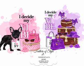 Mode-accessoires clipart, Franse bulldog Clipart, Mode clipart, Mode Illustratie, Mode set clipart, Tas clipart