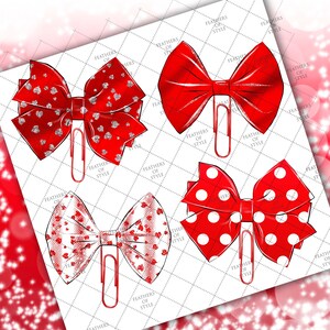 May include: Four red and white bow-shaped paper clips with different patterns. The bows are decorated with hearts, polka dots, and glitter.