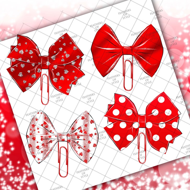 May include: Four red and white bow-shaped paper clips with different patterns. The bows are decorated with hearts, polka dots, and glitter.