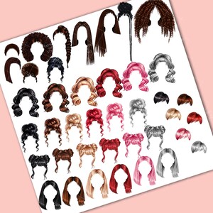 May include: A collection of 30 digital illustrations of different hairstyles for women. The hairstyles are in various colors, including black, brown, blonde, red, pink, and gray. The hairstyles are in different styles, including straight, curly, wavy, and braided.