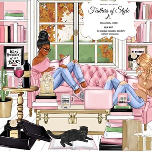 Girl Boss Clip Art, Book Lover Clipart, Books Clipart, Library Illustration, Fashion Illustration, Afro girl clipart
