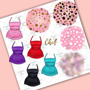 May include: A set of digital clipart images featuring colorful aprons with polka dot patterns and the word "Chef".