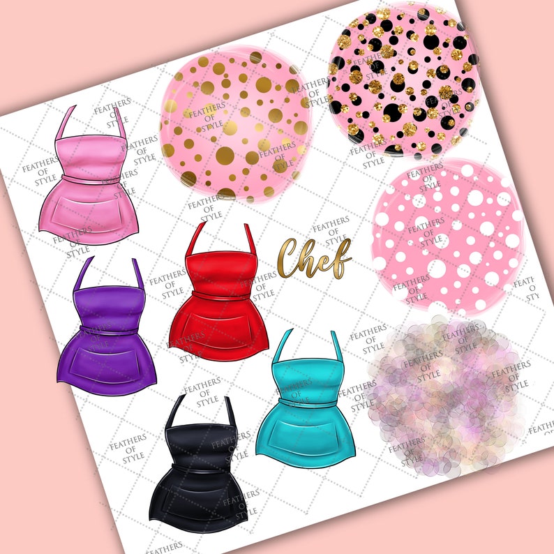 May include: A set of digital clipart images featuring colorful aprons with polka dot patterns and the word "Chef".