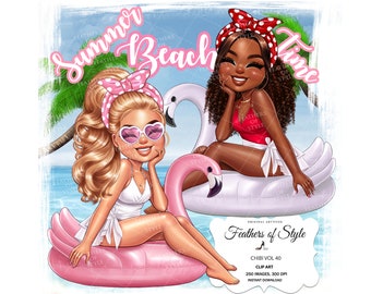 Lalka Chibi lato clipart, lalka Chibi plaża clipart, dziewczyna Chibi wakacje clipart, Boss Babe chibi clipart, Boss Chibi clipart