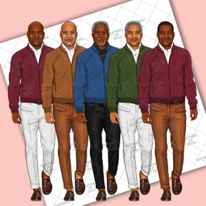 May include: Five men wearing different colored bomber jackets, white, brown, black, and tan pants, and brown loafers. The jackets are burgundy, brown, blue, green, and burgundy.