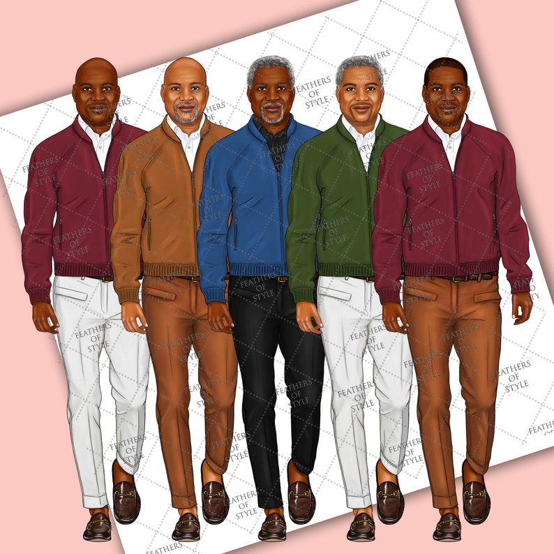May include: Five men wearing different colored bomber jackets, white, brown, black, and tan pants, and brown loafers. The jackets are burgundy, brown, blue, green, and burgundy.