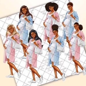 May include: A digital illustration of seven pregnant women wearing different outfits. The women are all wearing white dresses and carrying shopping bags. The women are all smiling and looking happy. The background is a white and gray pattern.