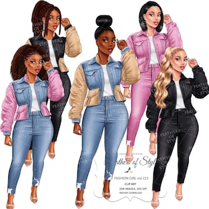 Op de afbeelding: Vier digitale illustraties van vrouwen die verschillende spijkerjacks en jeans dragen. De vrouwen dragen allemaal verschillende kapsels en hebben verschillende huidtinten. De illustraties zijn in cartoon-stijl en zijn tegen een witte achtergrond geplaatst.