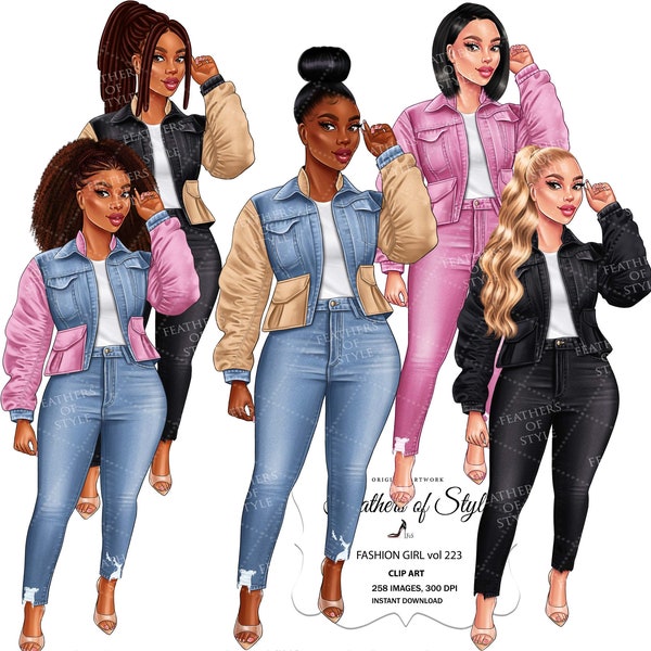 Denim girl clipart, Boss babe girl clipart, Fashion girl clipart, Jeans Girl Clipart, African American clipart, Afro girls clipart