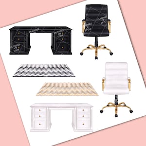May include: Two desks, one black and one white, with gold accents. Both desks have drawers. Two chairs, one black and one white, with gold accents. Two rugs, one black and white and one gold and white. The image includes the text "Feathers of Style".