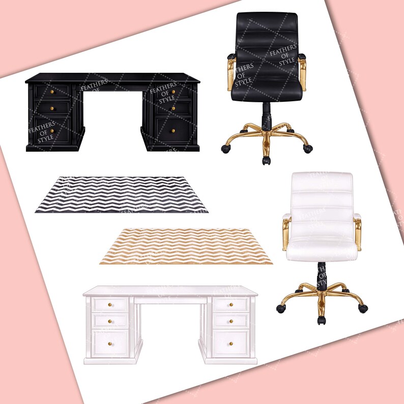 May include: Two desks, one black and one white, with gold accents. Both desks have drawers. Two chairs, one black and one white, with gold accents. Two rugs, one black and white and one gold and white. The image includes the text "Feathers of Style".