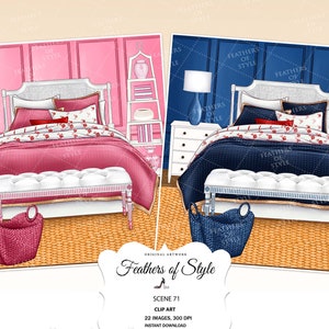 May include: Two bedroom scenes with a pink and blue color scheme. Each bedroom has a white bed with a patterned comforter, a white bench at the foot of the bed, a white nightstand, and a lamp. The pink bedroom has a pink wicker basket and the blue bedroom has a blue wicker basket.