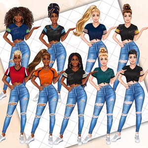 May include: Digital illustration of ten women wearing ripped jeans and t-shirts with the text "Feathers of Style".