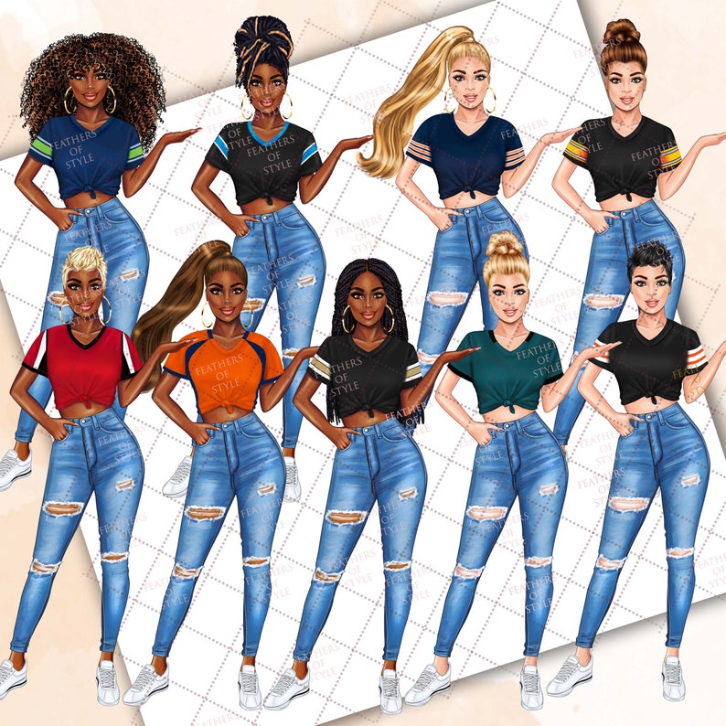 May include: Digital illustration of ten women wearing ripped jeans and t-shirts with the text "Feathers of Style".