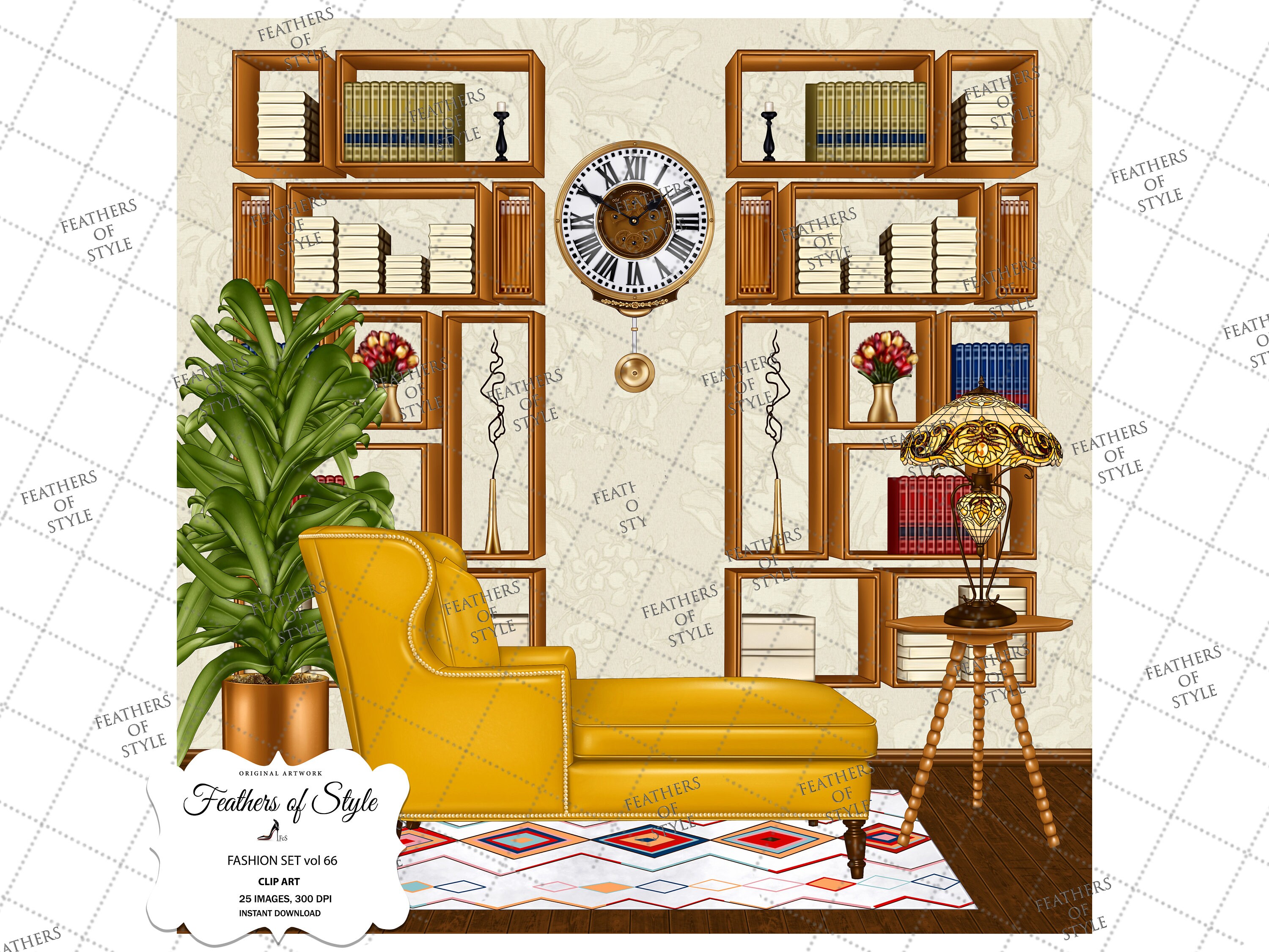 Home Library clipart, Study Scene,  Bookcase clipart,  Home Decor Cli…