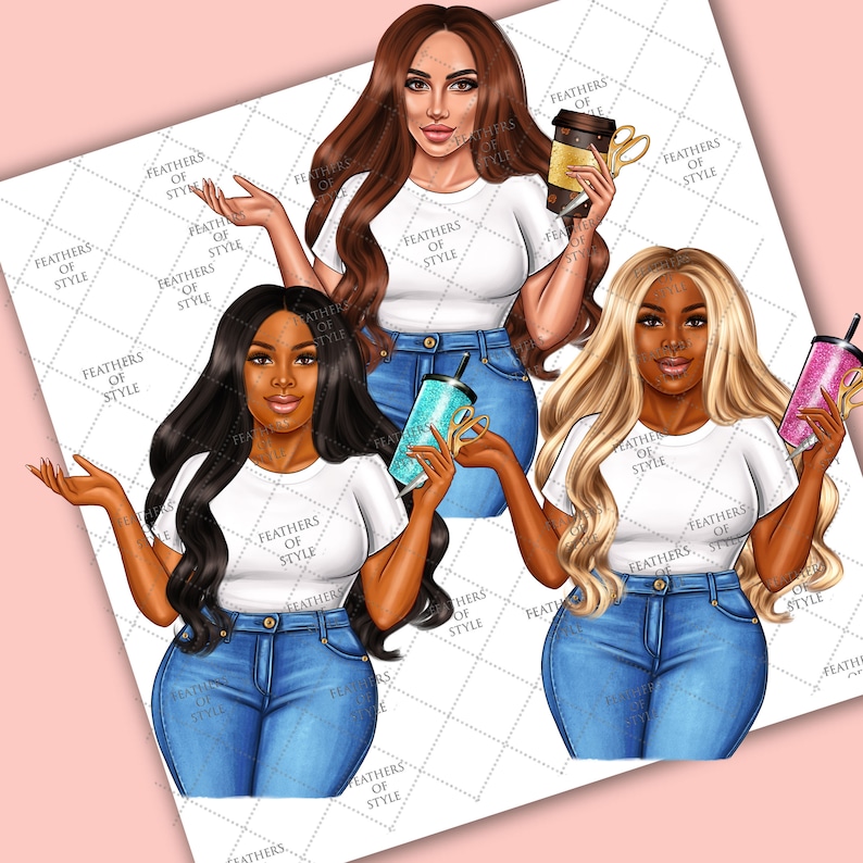 May include: Digital illustration of three women with different skin tones and hair colors, each wearing a white t-shirt and blue jeans. Each woman is holding a tumbler or coffee cup. The background is a pink and white diamond pattern.