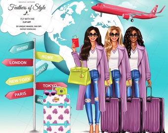 Travel clipart,Travel girl clipart, Fashion clipart, Suitcase clipart, African American clipart Luggage clipart Globe clipart