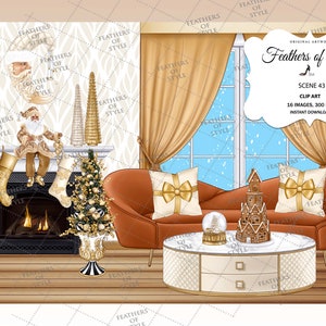 May include: A digital illustration of a living room featuring a fireplace, a sofa, and a coffee table. The fireplace has a fire burning and is adorned with stockings and Christmas trees. The sofa is brown and has two cushions with gold bows. The coffee table is white and has a snow globe and a gingerbread house on it. The room is decorated with a winter theme and has a window with a view of a snowy scene.