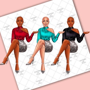 May include: Three digital illustrations of women with shaved heads wearing different colored tops and sparkly skirts. The women are sitting with their legs crossed and wearing silver high heels.