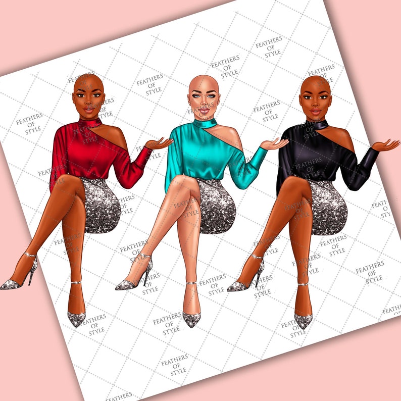 May include: Three digital illustrations of women with shaved heads wearing different colored tops and sparkly skirts. The women are sitting with their legs crossed and wearing silver high heels.