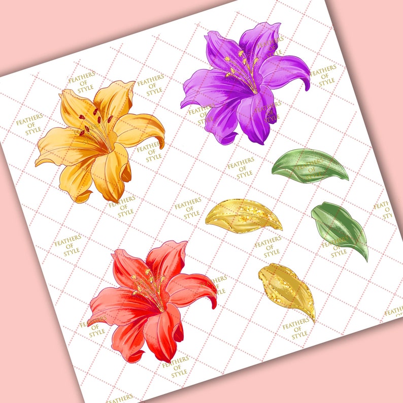 May include: A set of four floral illustrations featuring lilies in yellow, purple, and red. The illustrations are on a white background with a grid pattern.