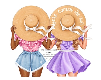 Clipart letniej dziewczyny, Clipart wakacyjnej dziewczyny, Clipart plażowej dziewczyny, Clipart kapeluszowej dziewczyny, Ilustracja mody, Clipart dziewczyny afro