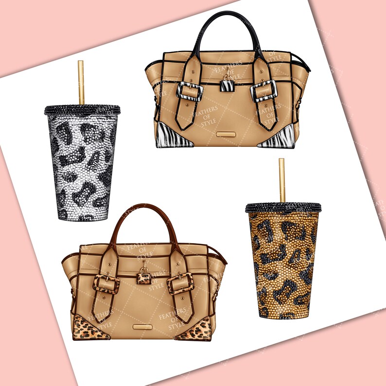 May include: Two tan handbags with gold buckles and animal print accents.  The handbags are next to two black and gold tumblers with animal print designs.  The text "Feathers of Style" is printed on the handbags.
