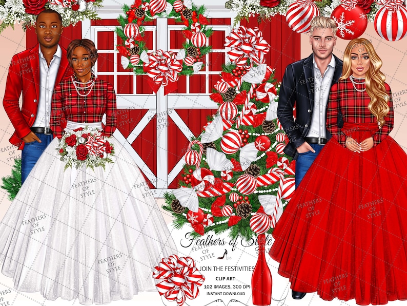 K&ouml;nnte beinhalten: Eine digitale Illustration von zwei Paaren, die rote und wei&szlig;e karierte Hemden und festliche Kleidung tragen. Die Frau links tr&auml;gt ein wei&szlig;es Kleid mit einem rot-wei&szlig;en Blumenstrau&szlig;. Die Frau rechts tr&auml;gt ein rotes Kleid. Die Paare stehen vor einer roten Scheunent&uuml;r mit einem Weihnachtsbaum, der mit roten und wei&szlig;en Zuckerstangen und Kugeln geschm&uuml;ckt ist.